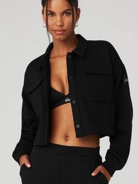 ALO Yoga Black Renown Crop Button Up Sweatshirt Sz Small S